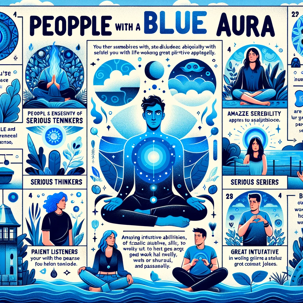 An infographic showcasing the characteristics of people with a blue aura. The top section highlights their emotional sensitivity, & calmness.